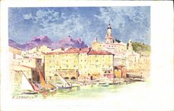 CPA Fantaisie Illustrateur Lessieux Menton Le port Bateau 