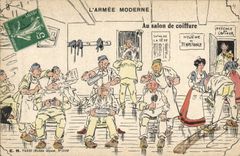 CPA Fantaisie Militaria Au salon de coiffure Coiffeur