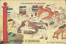 VINTAGE POSTCARD Militaria Fantasy the alphabet of the soldier Indigestion of exercise
