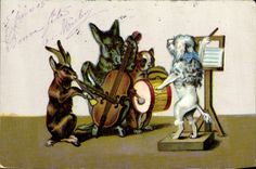 CPA Ane Mule Chevre Chien Musique