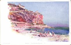 VINTAGE POSTCARD Fantasy Illustrator Menton red rocks