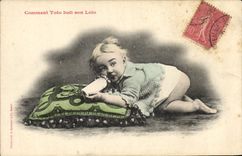 CPA Fantaisie Enfant Bebe Lait Enfant Comment Toto boit son Lolo 