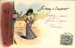 VINTAGE POSTCARD Fantaisie Illustrator G Lion I come at the Femme moment to hat WC