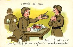 VINTAGE POSTCARD Militaria Fantasy the arrival of the parcel Pipe Camembert cheese Cheese