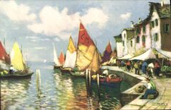 CPA Fantaisie Illustrateur Deluca Bateaux Port de peche 