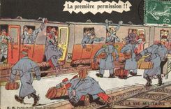 CPA Fantaisie Militaria Train La premier permission 