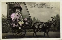 VINTAGE POSTCARD Child Goat Goat