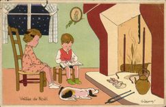 VINTAGE POSTCARD Fantasy Illustrator Veillee Children of Christmas Dog