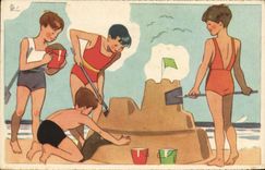 CPA Fantaisie Illustrateur Enfants a la plage 