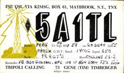Telegrafía 5A1TL Maybrook NY Trípoli de la POSTAL de la VENDIMIA que llama el gene de Timberger