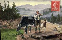 VINTAGE POSTCARD Goat Shepherd Cow Folklore