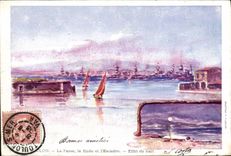 CPA Fantaisie Illustrateur Toulon La passe La rade et l'escadre Effet de nuit Bateaux