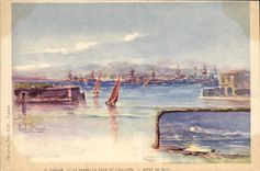 CPA Fantaisie Illustrateur Toulon La passe La rade et l'escadre Effet de nuit Bateaux