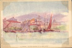 VINTAGE POSTCARD Fantasy Toulon Illustrator the Commercial port and the new door