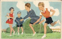 VINTAGE POSTCARD Fantasy Illustrator Children playing hoop