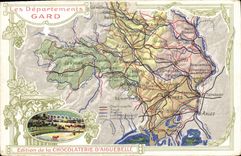 VINTAGE POSTCARD Geographical map Chocolate factory of Aiguebelle Gard Arena of Nimes Bullfight