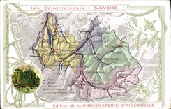 VINTAGE POSTCARD Geographical map Chocolate factory of Aiguebelle Savoy Chambéry