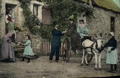 CPA Folklore Une visite a la ferme Ane Mule Attelage 