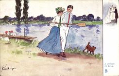 VINTAGE POSTCARD Fantaisie Illustrator Canoe has ploughing off coils