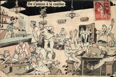 VINTAGE POSTCARD Militaria Marins One has fun with the canteen