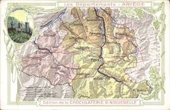 VINTAGE POSTCARD Geographical maps Chocolate factory of Aiguebelle Ariège Castle of Foix