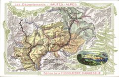 VINTAGE POSTCARD Geographical maps Chocolate factory of Aiguebelle the High Alps View of Briançon