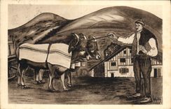 CPA Folklore Types basques Bouvier et son attelage 