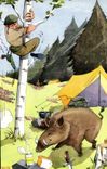 CPA Fantaisie Humour Soldat Militaria Sanglier Caming