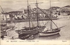 VINTAGE POSTCARD Boat Menton the port and the old city