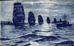 VINTAGE POSTCARD Boat At sea Convoy of sailing ships escorts on the other hand destroyers