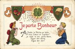 VINTAGE POSTCARD Fantaisie Child Carries Happiness Clover Heart