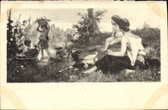 VINTAGE POSTCARD Goat Goats Women
