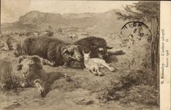 VINTAGE POSTCARD Bonnefoy Goat the adopted child Living room 1906