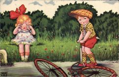 VINTAGE POSTCARD Fantaisie Humor Children Bicycle cycles