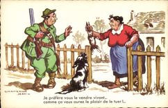 VINTAGE POSTCARD Fantaisie Humor Drives out Hunter Dog Jean Chaperon Rabbit