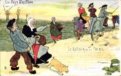 CPA Folklore Pays breton Le retour de la foire Cochon Porc 