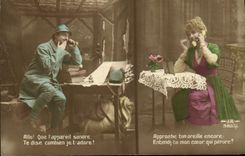 VINTAGE POSTCARD Fantaisie Telephones Woman Militaria Soldat