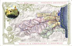 VINTAGE POSTCARD Geographical map Chocolate factory of Aiguebelle the Pyrenees Eastern Castillet of Perpignan