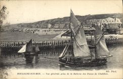 VINTAGE POSTCARD Boulogne Boat on Sea View taken of the battery of the Dunes of Chatillon