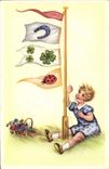 VINTAGE POSTCARD Fantaisie Child Horseshoe Trefle Ladybird Carries Happiness