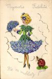 VINTAGE POSTCARD Fantasy Woman Forget-me-not Ladybird