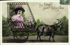 CPA Chevre Enfant Un baiser pour votre fete 