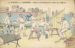 CPA Militaria Dans la chambree Le salon de coiffure Coiffeur 