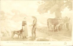 CPA Folklore Salons de Paris Roger Louis Idylle en Bretagne Vaches Chien