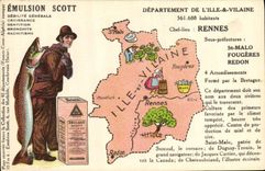 CPA Carte geographique Emulsion Scott Ille & Vilaine Rennes Poisson
