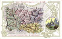 VINTAGE POSTCARD Geographical maps Chocolate factory of Aiguebelle Oise Castle of Pierrefonds
