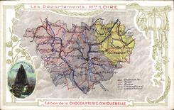 VINTAGE POSTCARD Geographical maps Chocolate factory of Aiguebelle the High Loire Castle of St Michel in Puy