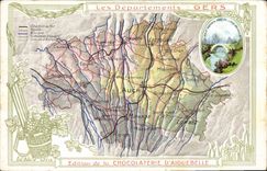 VINTAGE POSTCARD Geographical maps Chocolate factory of Aiguebelle Gers Romain Bridge close to Isle the Jordan