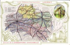 VINTAGE POSTCARD Geographical maps Chocolate factory of Aiguebelle Loiret Castle of Sully on the Loire