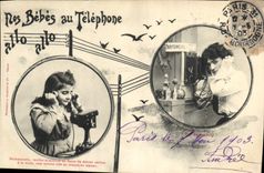 CPA Fantaisie Telephone Nos bebes au telephone